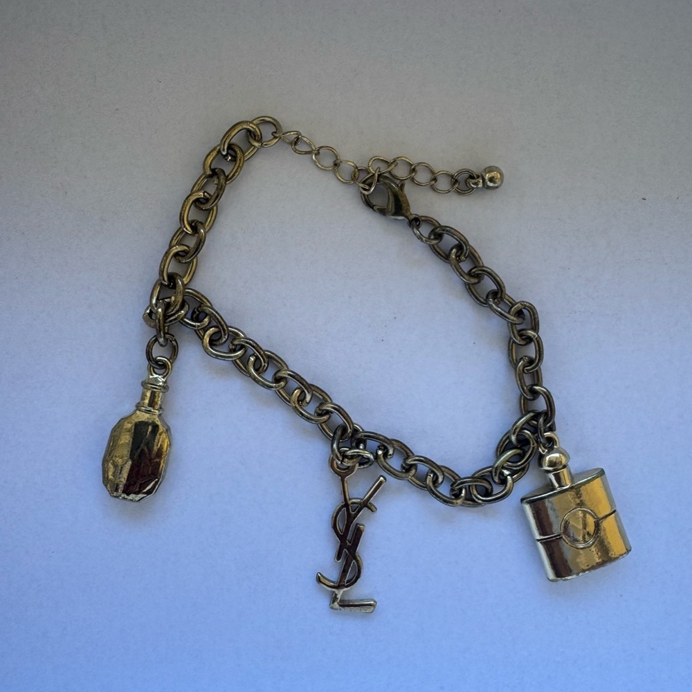 YSL Yves Saint Laurent  Vintage 3 Charms Gold Tone Bracelet with Iconic Logo - Picture 2 of 6